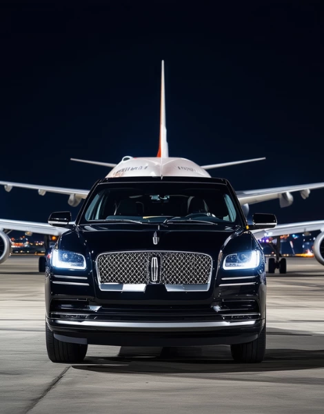 A black Lincoln Navigator parked infront of a plane